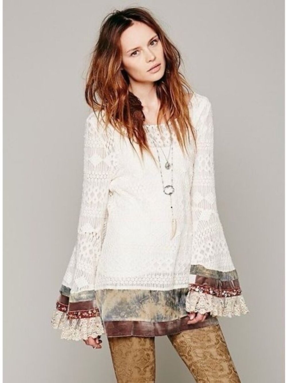 RARE Free People Embellished Bell Sleeve Lace Tunic Mini Dress S/M | Boho Indie - Picture 8 of 17